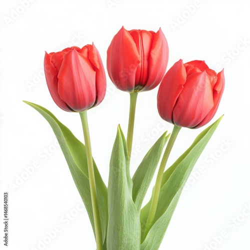 Three red tulips with green leaves on a white background