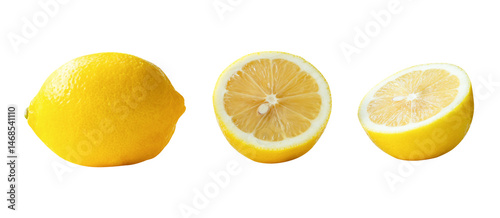 Top view set of fresh ripe yellow lemon fruits with two halves isolated with clipping path in png file format