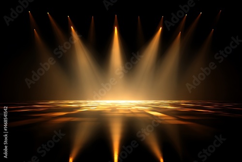 Golden light rays through on podium stage, black background