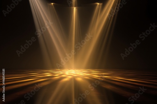 Golden light rays through on podium stage, black background