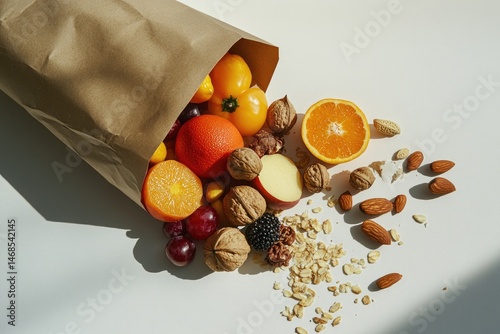 Assorted fresh fruit and nuts spilling from a brown paper bag.  Colorful mix of oranges, grapes, tomatoes, walnuts, almonds, and other ingredients, likely for a healthy snack or meal