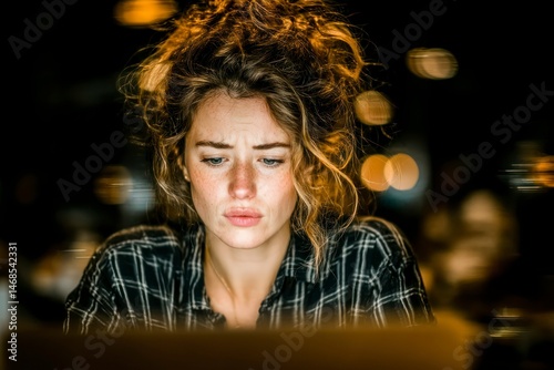 Focused Individual Concentrating on Digital Work in a Cozy Illuminated Setting photo