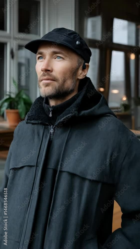 Thoughtful man wearing a cap and jacket with earbuds, looking off into the distance in an outdoor setting near plants. Thoughtful man wearing a cap and jacket with earbuds, looking off into the distance in an outdoor setting near plants.