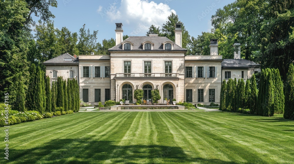 Obraz premium A large luxurious mansion sits in a lush green grassy landscape