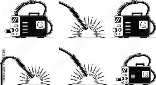 Black and white minimalist illustration of a welding machine and welding arc details