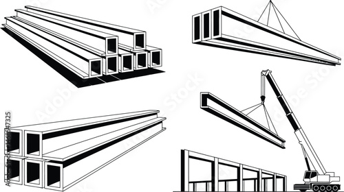 Illustrated construction elements depicting steel beams and crane operations in a black and white style
