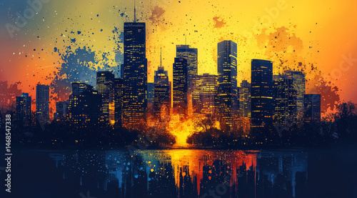 Vibrant city skyline silhouette background ultra realistic depiction of urban towers bathed in neon glow, their dark outlines etched against a fiery sunset gradient bleeding into twilight hues backgro