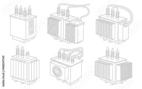 Collection of electrical power transformers in isometric view with different styles