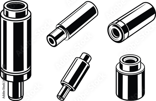 Isometric view of various cylindrical industrial components in black and white design