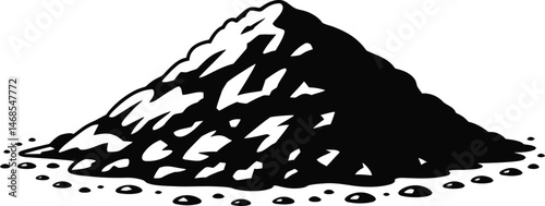 Black and white graphic illustration of a pile of dirt or soil with droplets