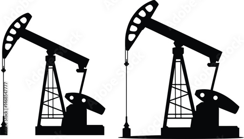 Two black oil pump jacks silhouettes on white background depicting the energy industry
