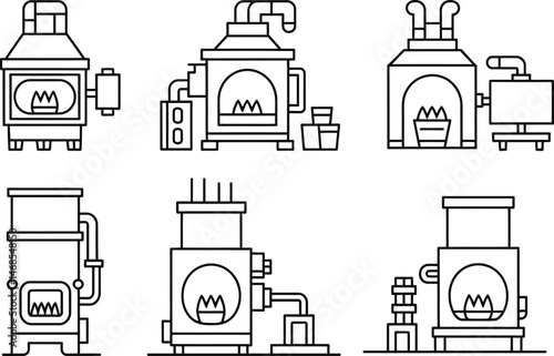 Collection of line art illustrations featuring different industrial furnaces with flames burning inside