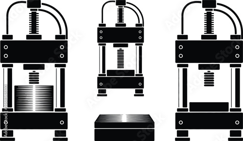 Illustrated vector image of a mechanical press machine in different stages and views