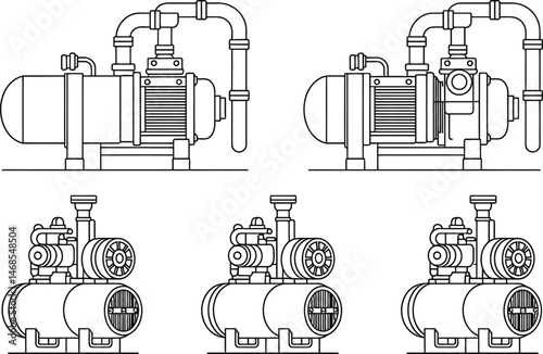 Vector illustration of various water pump designs showing different mechanical equipment models