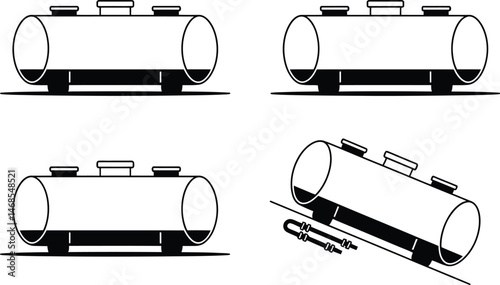 Simple black and white illustrations of industrial storage tanks in various angles
