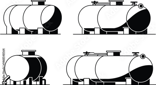 Vector illustration of various black and white industrial storage tanks with different details