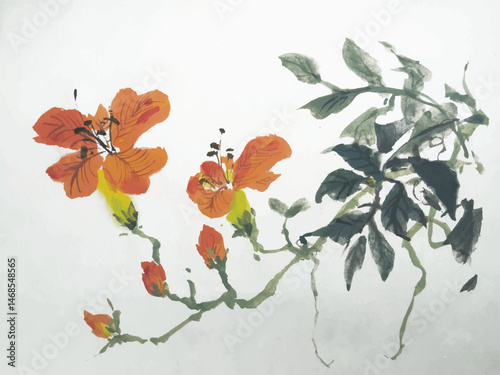 Chinese ink brushstroke style painting of orange Bignonia flowers