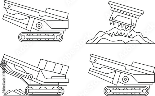 Vector illustrations of heavy construction machinery in outlined style showing different angles