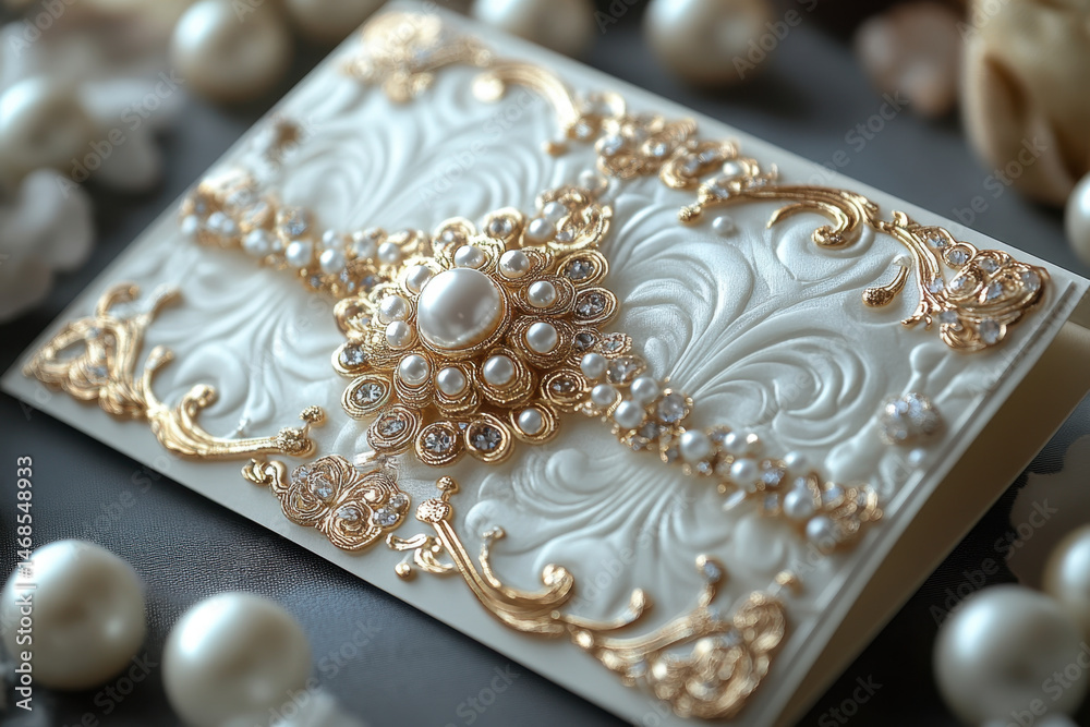 Obraz premium White and gold wedding card adorned with pearls.
