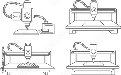 Illustrative depictions of different industrial cnc machine setups and operation process in vector outline style.