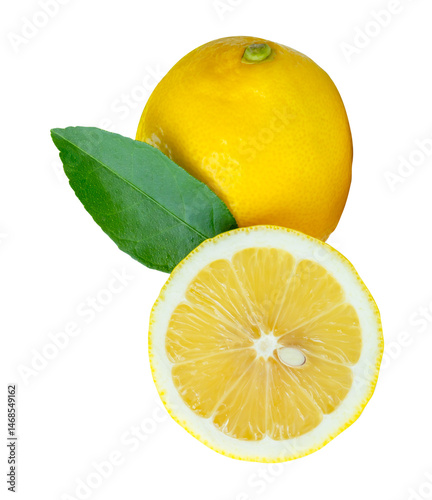 Side view of fresh ripe yellow lemon fruit with a half and green leaf isolated with clipping path in png file format