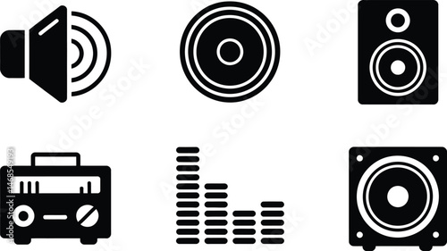 Black and white audio icons representing sound equipment and music related elements