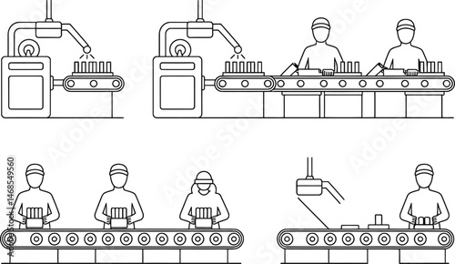 Industrial assembly line process depicting workers and machinery producing goods in outline format