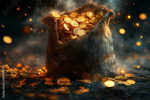 A treasure bag overflowing with golden coins in a dramatic setting.