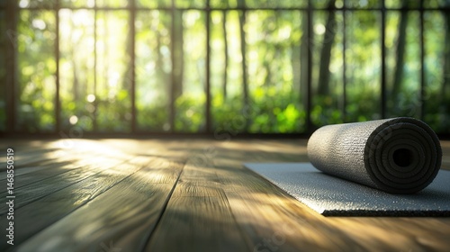 Rolled yoga mat on wooden floor near sunlit window