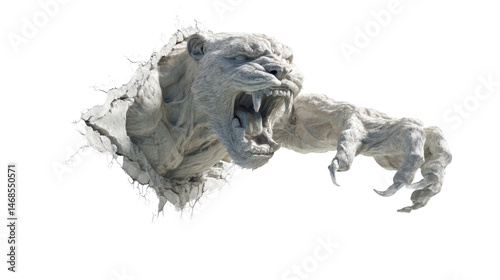 Mythical creature emerging with fierce expression. transparent background