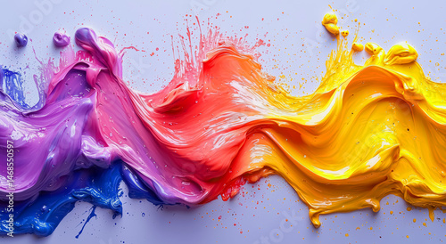 Vivid abstract paint splash background ultra realistic depiction of viscous acrylics colliding in mid-air, droplets suspended in vibrant reds and blues against a stark white void background jpg