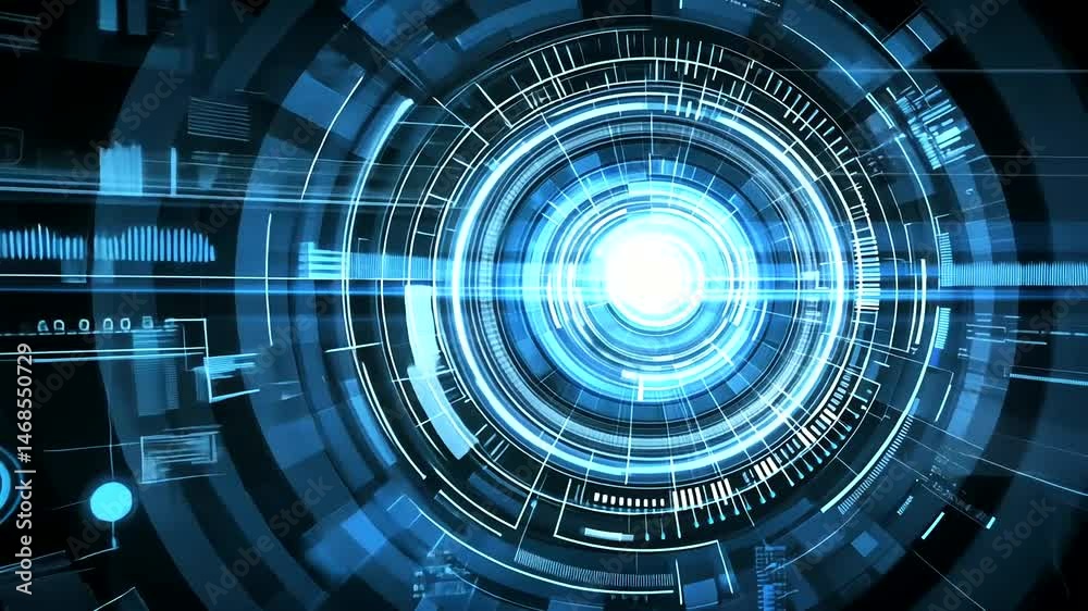 Bright blue futuristic circular HUD glowing with digital data, abstract lines, and complex patterns on a dark backdrop
