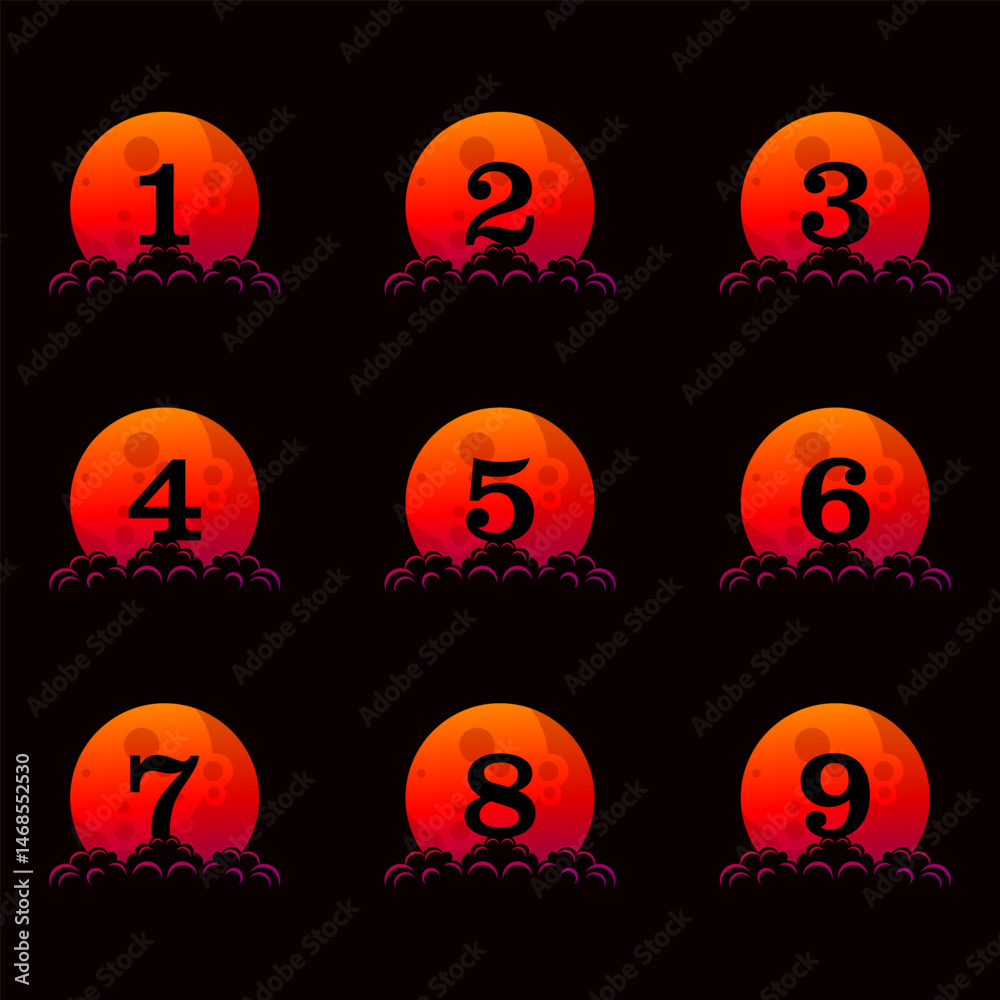Naklejka premium a collection of numbers 1-9 with a red moon