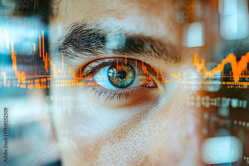 Close-up view of a person's eye, overlaid with financial data.