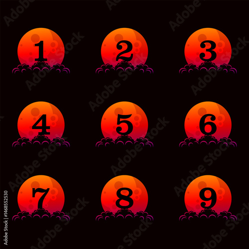 a collection of numbers 1-9 with a red moon