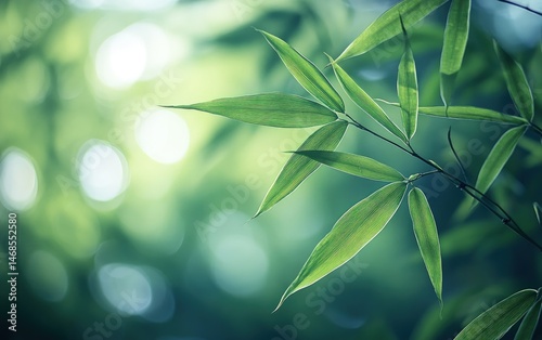 Lush green bamboo leaves in a sunlit forest