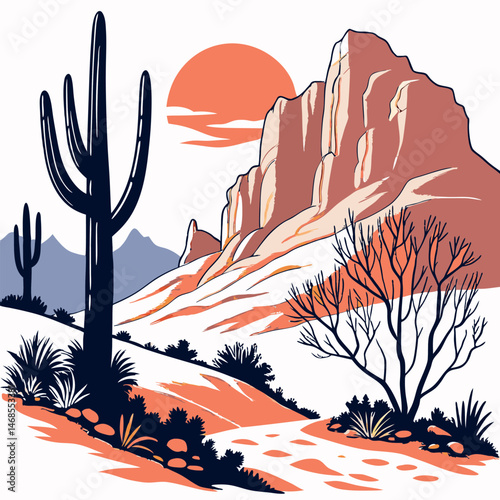 Illustration of desert landscape with saguaro cacti, mountains, and a setting sun