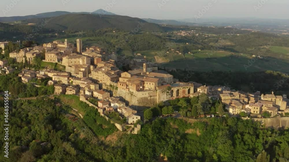 Aerial View of Hilltop Medieval Village in Tuscany, Italy