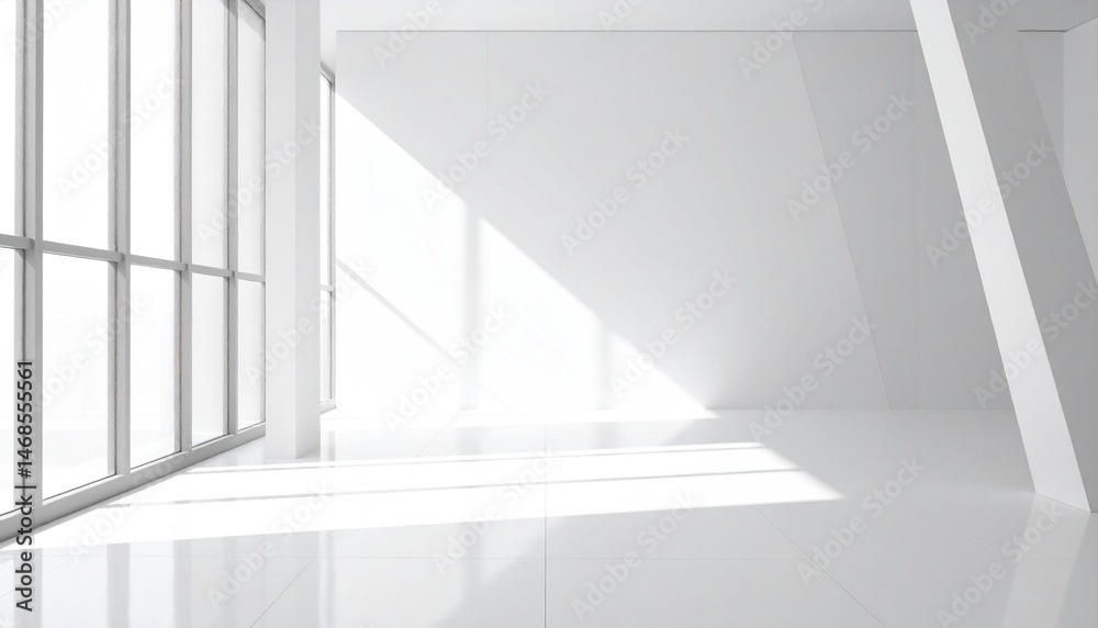 Fototapeta premium Futuristic minimal architecture interior, empty white room with large floor-to-ceiling window