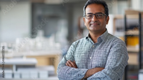 Confident South Asian Man in Business Attire Smiling in Modern Office Environment with Architectural Models in Background