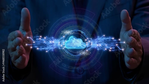 Cloud technology concept for data management system, online database storage, networking and internet service. Information system for business. Businessman shows cloud computing icon on virtual screen