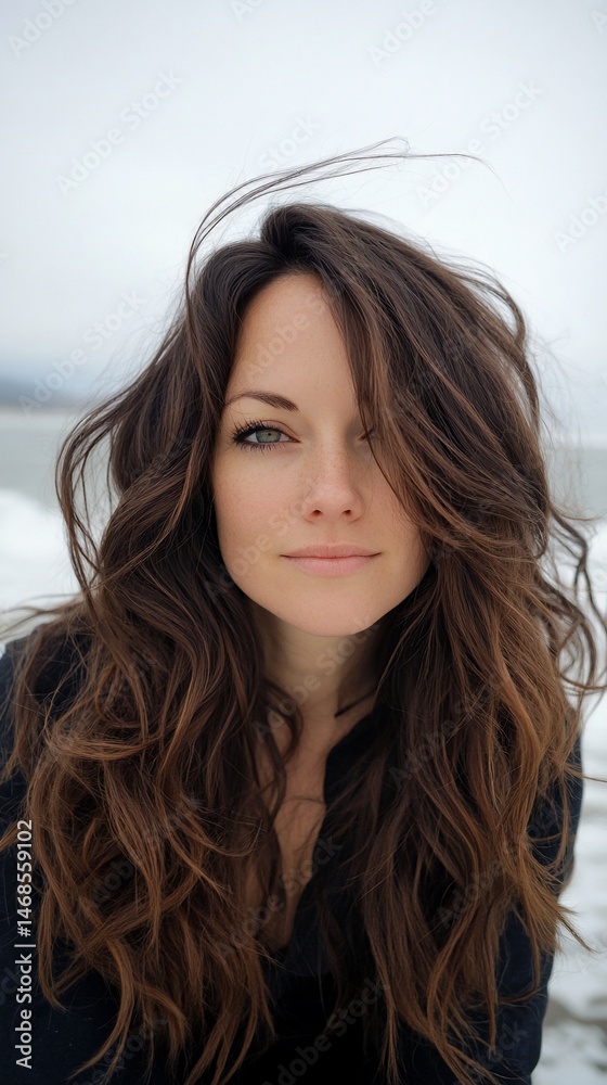 Naklejka premium A woman with long, wavy brown hair partially covering her face, looks directly at the camera outdoors