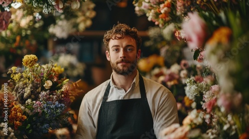 Young Male Florist Surrounded by Colorful Fresh Flowers in a Vibrant Flower Shop, Smiling and Holding a Positive Attitude on a Bright Day