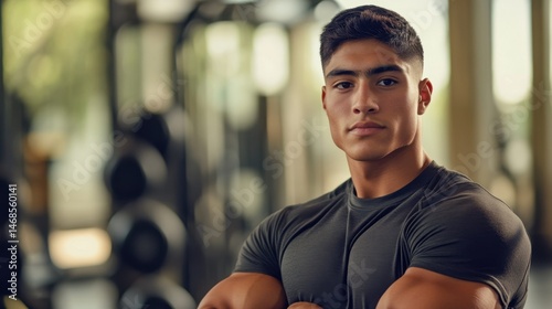 Young muscular man posing confidently in a fitness center with weights in the background, showcasing strength and determination in a vibrant gym environment