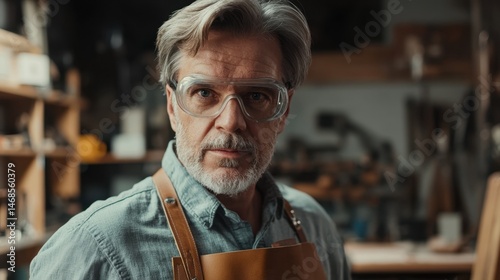 Focused Middle-Aged Craftsman in Workshop with Safety Glasses and Leather Apron Capturing Passion for Woodworking and Craftsmanship