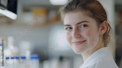 Young Female Scientist in Laboratory Smiling at Camera with Equipment and Samples in Background, Bright and Inviting Environment for Research