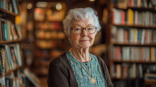 Serene elderly woman with glasses smiling warmly in a cozy library full of books, showcasing a love for reading and knowledge in a tranquil environment
