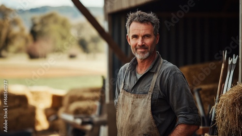 Mature man with gray hair wearing an apron stands in a rustic barn surrounded by hay, tools, and scenic countryside in a lifestyle farming setting