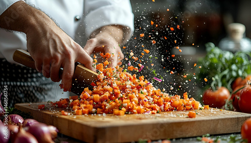 Chef Dicing Fresh Vegetables on Wooden Board
