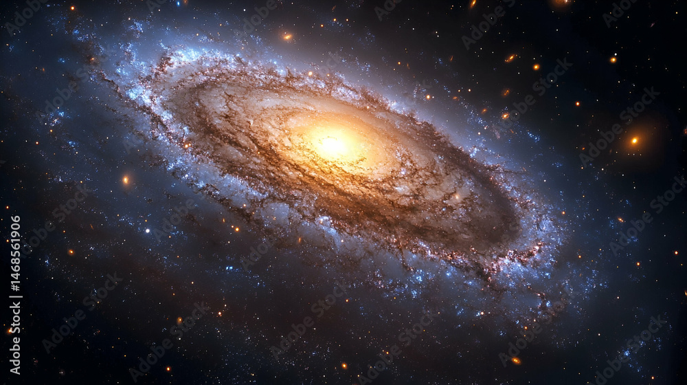 Naklejka premium Vast spiral galaxy with swirling nebulae and distant stars.